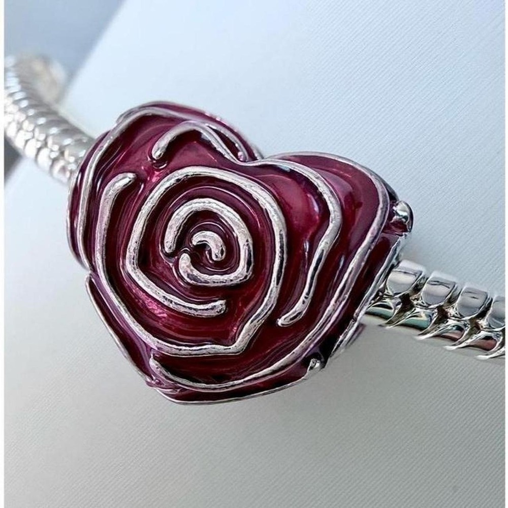 Pandora-like Red Heart Rose Bead Charm Fits Snake Chain Bracelet